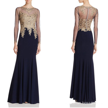 Embroidered Bodice Long Sleeves Evening Gown